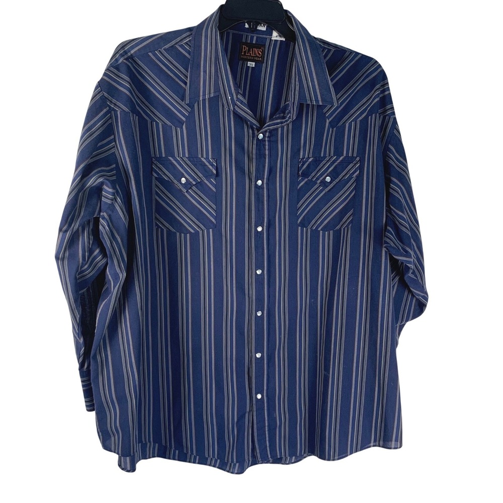 Plains 3X Western Pearl Snap Shirt Blue Striped Good Big Man Long Sleeve